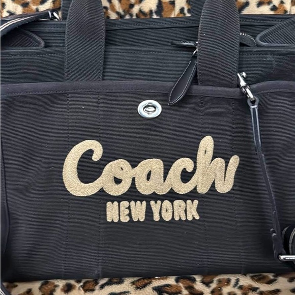 Coach | Bags | Coach Black Canvas Tote With Gold Script Logo | Poshmark